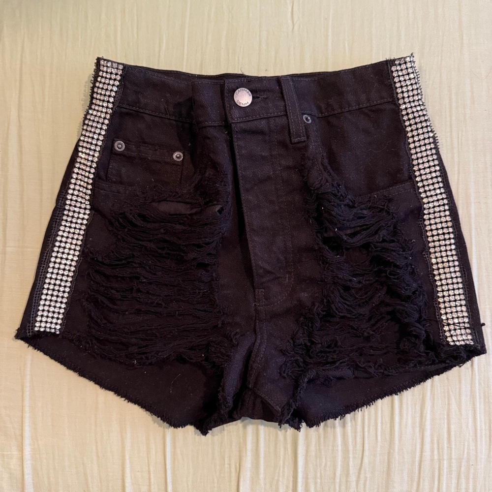 LF Carmar Titania Black Rhinestone Sides Ripped High Rise Shorts Button Fly